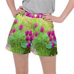 Impressionistic Purple Peonies With Green Hostas Stretch Ripstop Shorts