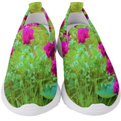 Impressionistic Purple Peonies With Green Hostas Kids  Slip On Sneakers by myrubiogarden