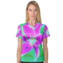 Hot Pink Stargazer Lily On Turquoise Blue And Green V-Neck Sport Mesh Tee View1