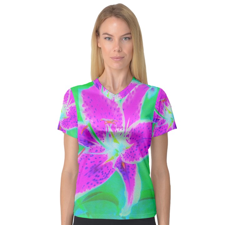 Hot Pink Stargazer Lily On Turquoise Blue And Green V-Neck Sport Mesh Tee