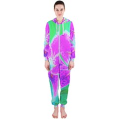 Hot Pink Stargazer Lily On Turquoise Blue And Green Hooded Jumpsuit (ladies)  by myrubiogarden