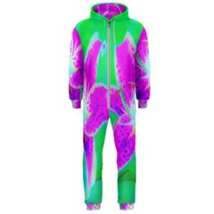 Hot Pink Stargazer Lily On Turquoise Blue And Green Hooded Jumpsuit (men)  by myrubiogarden