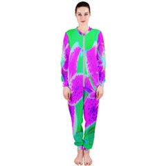 Hot Pink Stargazer Lily On Turquoise Blue And Green Onepiece Jumpsuit (ladies)  by myrubiogarden