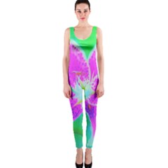 Hot Pink Stargazer Lily On Turquoise Blue And Green One Piece Catsuit by myrubiogarden