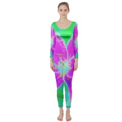 Hot Pink Stargazer Lily On Turquoise Blue And Green Long Sleeve Catsuit by myrubiogarden