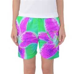 Hot Pink Stargazer Lily On Turquoise Blue And Green Women s Basketball Shorts by myrubiogarden