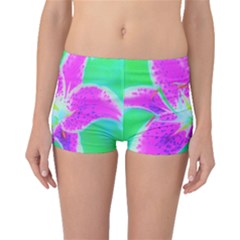 Hot Pink Stargazer Lily On Turquoise Blue And Green Boyleg Bikini Bottoms by myrubiogarden