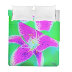 Hot Pink Stargazer Lily On Turquoise Blue And Green Duvet Cover Double Side (full/ Double Size) by myrubiogarden