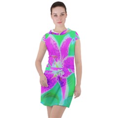 Hot Pink Stargazer Lily On Turquoise Blue And Green Drawstring Hooded Dress