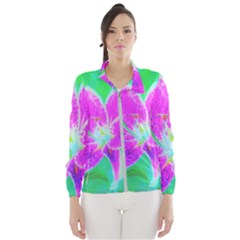 Hot Pink Stargazer Lily On Turquoise Blue And Green Windbreaker (women)