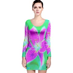 Hot Pink Stargazer Lily On Turquoise Blue And Green Long Sleeve Velvet Bodycon Dress