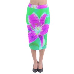 Hot Pink Stargazer Lily On Turquoise Blue And Green Midi Pencil Skirt by myrubiogarden