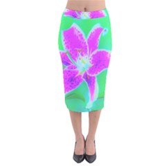 Hot Pink Stargazer Lily On Turquoise Blue And Green Velvet Midi Pencil Skirt by myrubiogarden