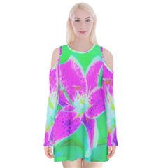 Hot Pink Stargazer Lily On Turquoise Blue And Green Velvet Long Sleeve Shoulder Cutout Dress