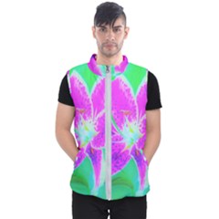 Hot Pink Stargazer Lily On Turquoise Blue And Green Men s Puffer Vest