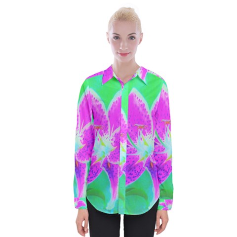 Hot Pink Stargazer Lily On Turquoise Blue And Green Womens Long Sleeve Shirt by myrubiogarden