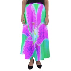 Hot Pink Stargazer Lily On Turquoise Blue And Green Flared Maxi Skirt by myrubiogarden