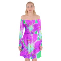 Hot Pink Stargazer Lily On Turquoise Blue And Green Off Shoulder Skater Dress by myrubiogarden