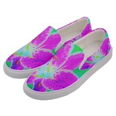 Hot Pink Stargazer Lily On Turquoise Blue And Green Men s Canvas Slip Ons by myrubiogarden