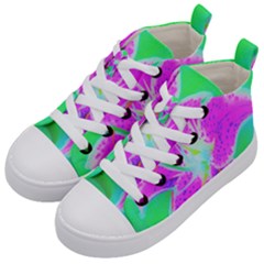 Hot Pink Stargazer Lily On Turquoise Blue And Green Kids  Mid-top Canvas Sneakers by myrubiogarden