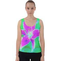 Hot Pink Stargazer Lily On Turquoise Blue And Green Velvet Tank Top by myrubiogarden