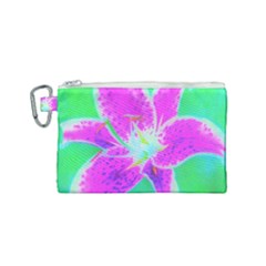 Hot Pink Stargazer Lily On Turquoise Blue And Green Canvas Cosmetic Bag (small) by myrubiogarden