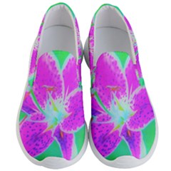 Hot Pink Stargazer Lily On Turquoise Blue And Green Men s Lightweight Slip Ons by myrubiogarden