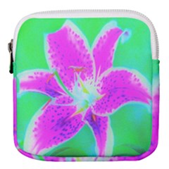 Hot Pink Stargazer Lily On Turquoise Blue And Green Mini Square Pouch by myrubiogarden