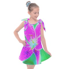 Hot Pink Stargazer Lily On Turquoise Blue And Green Kids  Tie Up Tunic Dress by myrubiogarden