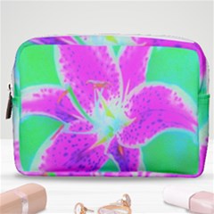 Hot Pink Stargazer Lily On Turquoise Blue And Green Make Up Pouch (medium) by myrubiogarden