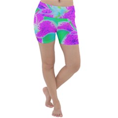 Hot Pink Stargazer Lily On Turquoise Blue And Green Lightweight Velour Yoga Shorts by myrubiogarden