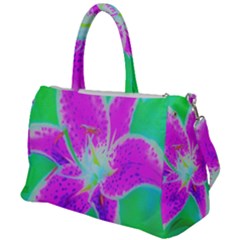 Hot Pink Stargazer Lily On Turquoise Blue And Green Duffel Travel Bag by myrubiogarden