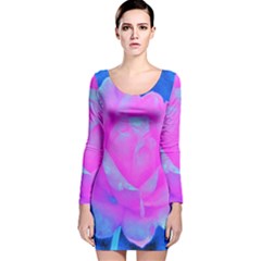 Beautiful Pastel Pink Rose With Blue Background Long Sleeve Velvet Bodycon Dress