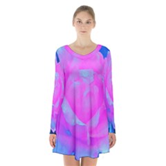 Beautiful Pastel Pink Rose With Blue Background Long Sleeve Velvet V-neck Dress