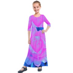 Beautiful Pastel Pink Rose With Blue Background Kids  Quarter Sleeve Maxi Dress by myrubiogarden