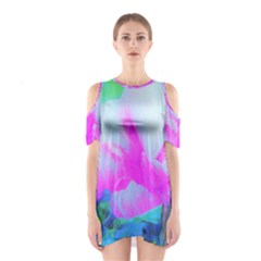 Abstract Pink Hibiscus Bloom With Flower Power Shoulder Cutout One Piece Dress by myrubiogarden