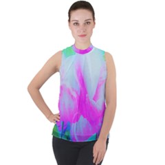 Abstract Pink Hibiscus Bloom With Flower Power Mock Neck Chiffon Sleeveless Top