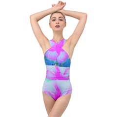 Abstract Pink Hibiscus Bloom With Flower Power Cross Front Low Back Swimsuit by myrubiogarden