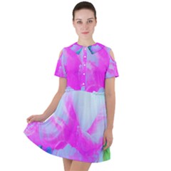 Abstract Pink Hibiscus Bloom With Flower Power Short Sleeve Shoulder Cut Out Dress 