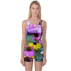 Yellow Flowers In The Purple Coneflower Garden One Piece Boyleg Swimsuit by myrubiogarden