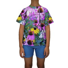 Yellow Flowers In The Purple Coneflower Garden Kids  Short Sleeve Swimwear by myrubiogarden