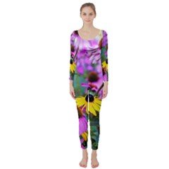 Yellow Flowers In The Purple Coneflower Garden Long Sleeve Catsuit by myrubiogarden