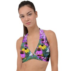 Yellow Flowers In The Purple Coneflower Garden Halter Plunge Bikini Top by myrubiogarden