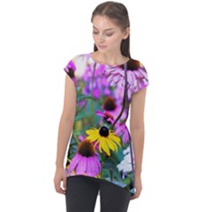 Yellow Flowers In The Purple Coneflower Garden Cap Sleeve High Low Top by myrubiogarden