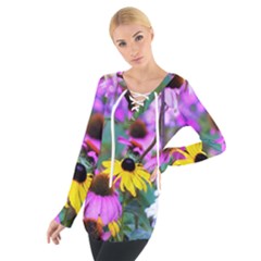 Yellow Flowers In The Purple Coneflower Garden Tie Up Tee by myrubiogarden