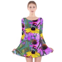 Yellow Flowers In The Purple Coneflower Garden Long Sleeve Velvet Skater Dress