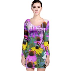 Yellow Flowers In The Purple Coneflower Garden Long Sleeve Velvet Bodycon Dress