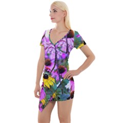 Yellow Flowers In The Purple Coneflower Garden Short Sleeve Asymmetric Mini Dress by myrubiogarden