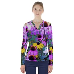 Yellow Flowers In The Purple Coneflower Garden V-neck Long Sleeve Top by myrubiogarden