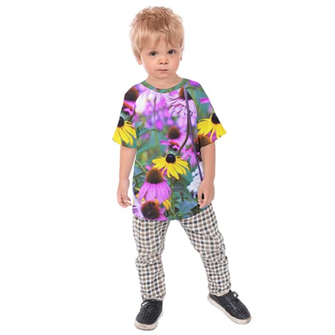 Yellow Flowers In The Purple Coneflower Garden Kids  Raglan Tee by myrubiogarden